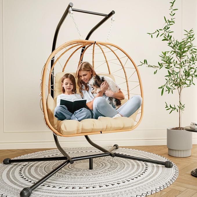 Pamapic Double Egg Chair wth Stand, 700 LBS Loveseat Rattan Swing Chair, UV Resistant Cushions with Armrests and Headrest, Thick Steel Frame Hammock Swing for Outdoor, Patio, Indoor(Beige)