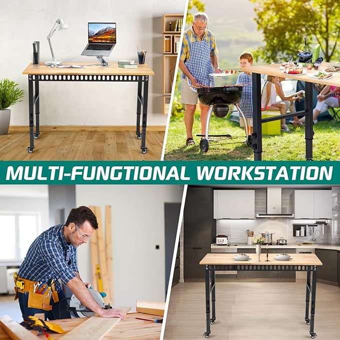 48 "Adjustable Wheels Workbench, Heavy Duty 2000 LBS Load Capacity Hardwood Workbench Suitable for Workshop, Office, Garage, Home (Metal Wheels丨No Power Outlets 48"x24")