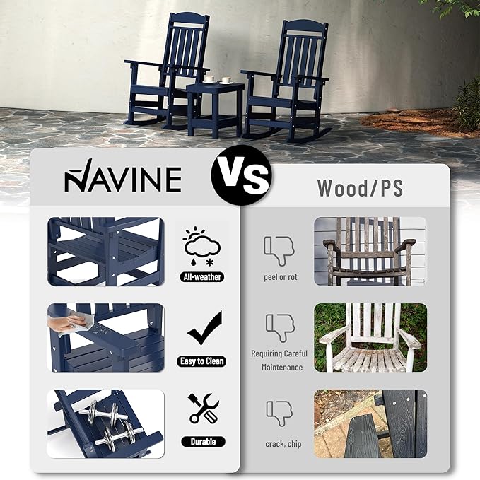 Outdoor Rocking Chairs Set of 6, Oversized High Back Patio Rocking Chairs, All Weather Porch Rocking Chairs for Outside. Navy Blue