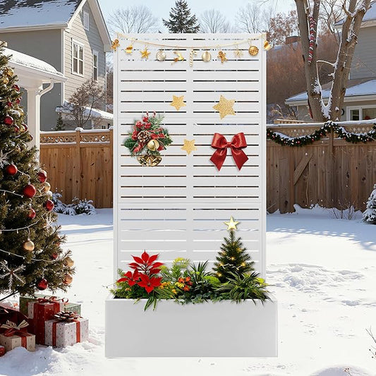 FENCY Metal Raised Garden Bed with Trellis, Metal Planter Box with Trellis, Garden Box for Climbing Plants Vegetable, 35" Lx16 Wx71 H Garden Bed with Drainage Holes(White-Louvered)