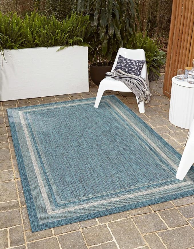 Unique Loom Outdoor Border Collection Area Rug - Soft Border (3' 3" x 5' 3" Rectangle, Teal/ Ivory)