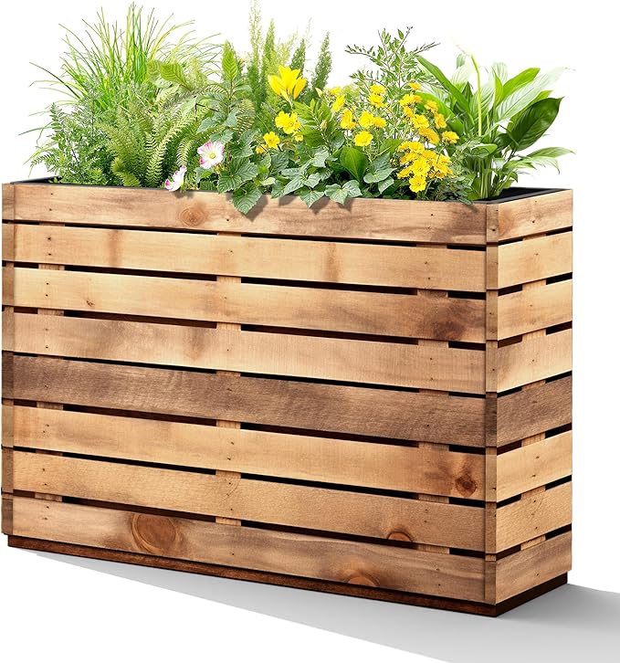 Metal Planter Box Rectangular Planter Box with Drainage Hole, Outdoor Large Planters, All-Weather Use, Rust-Resistance, for Flowers Plants, 35.4" L × 9.1" W × 25.6" H, Dark Walnut