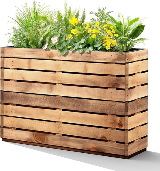 Metal Planter Box Rectangular Planter Box with Drainage Hole, Outdoor Large Planters, All-Weather Use, Rust-Resistance, for Flowers Plants, 35.4" L × 9.1" W × 25.6" H, Dark Walnut