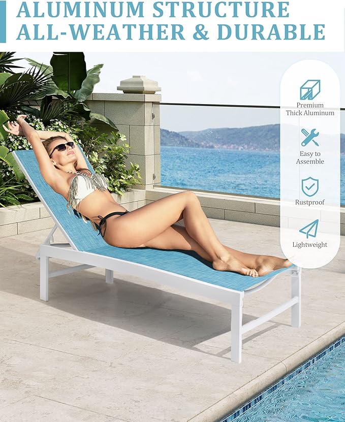 Patio Aluminum Chaise Lounge Chair, Set of 2 Outdoor Recliner Lounge Chair Sun Loungers, All Weather Chaise with 5 Adjustable Backrest and Lay Flat Positions for Garden, Balcony, Pool