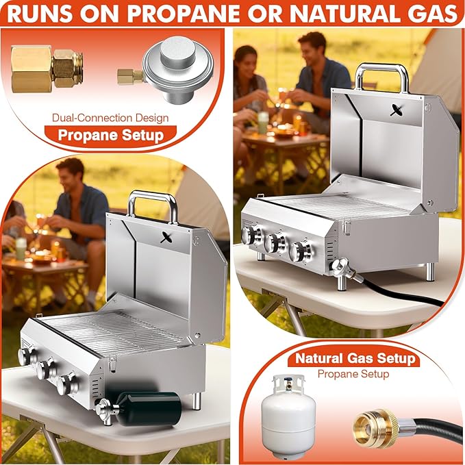 Llamaviva 3 Burner Gas BBQ Grill with Dual Fuel Adapter,22500 BTU Stainless Steel Tabletop Portable Grill for Outdoor Barbecue Camping Cooking RV