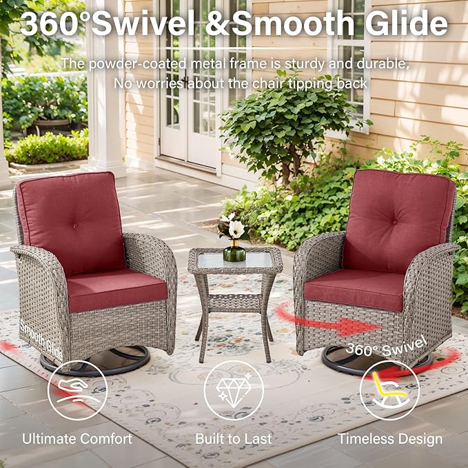 Belord Expansive 10 Pieces Outdoor Patio Furniture Set with 43” Propane Fire Pit Table, Patio Conversation Set with Swivel Rocker Outdoor Chairs Set of 4 and Sofa, Ottoman and Wicker Side Table Gray
