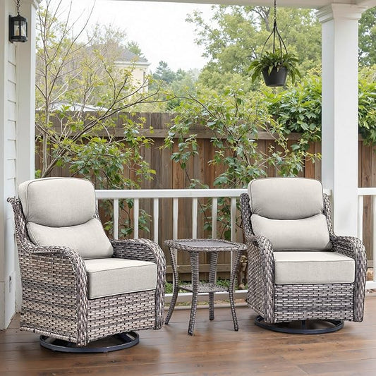 Swivel Patio Chairs Set of 3 with 6" Thick Cushion - Wicker Outdoor Swivel Rocker Patio Chairs with Side Table, High Back Comfortable Outdoor Glider Chair - Grey Wicker | Beige Cushions