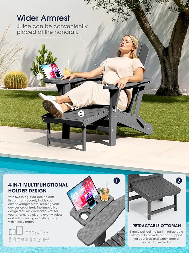 KINGYES Adjustable Folding Adirondack Chair with Footrest & 4-in-1 Multi-Functional Armrest Organizer Set of 4, HDPE Foldable Reclining Adirondack Chair with Pull-Out Ottoman, Grey