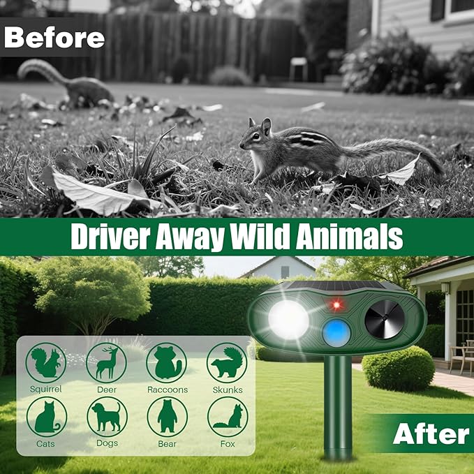 4Pack 2025 Solar Ultrasonic Animal Repellent Outdoor Cat Repellent Devices with Motion Detection&Flash Light Squirrel Rabbit Dog Cat Deterrent,Keep Rodent Chipmunk Raccoon Deer Away for Yard Garden