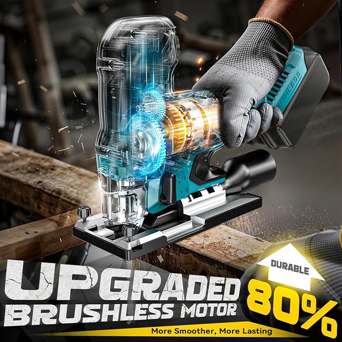 Ecarke Cordless&Brushless Jig Saw Compatible With Makita 18V Battery, 3800RPM, 7 Speeds Dial Control, Free-Tool ±45° Bevel Cuts, 4 Orbital Action, Dust Blows and 6 Blades For Cutting (Exclude Battery)
