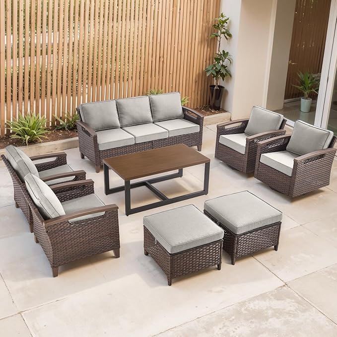 Rilyson Wicker Outdoor Patio Furniture Set - 8 Piece Patio Conversation Sets with Swivel Rocker Chairs, Chairs, Ottomans, Sofa and Coffee Table, Thick Cushions, for Porch Deck Brown/Beige