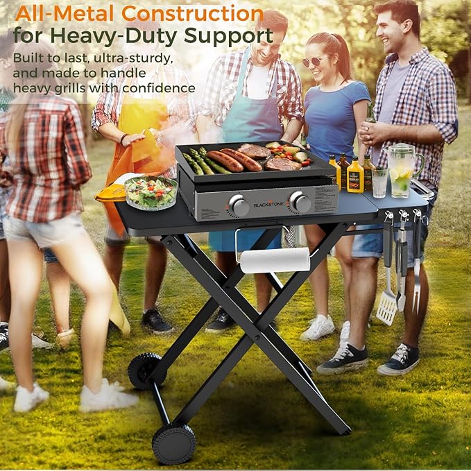Upgraded Gril Table Stand for Blackstone 17” & 22” Griddle, Ninja Woodfire Outdoor Grills, Ooni Pizza Oven, 34"x20" Foldable Grill Cart with Wheels and Handle for Camping & Backyard BBQ