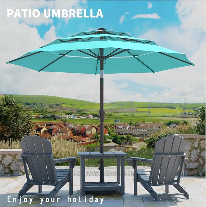 9FT 3 Tiers Patio Umbrella With Auto Tilt and Crank, Outdoor Table Market Umbrella with 8 Sturdy Ribs for Garden,Lawn,Deck,Backyard and Pool,Peacock Blue