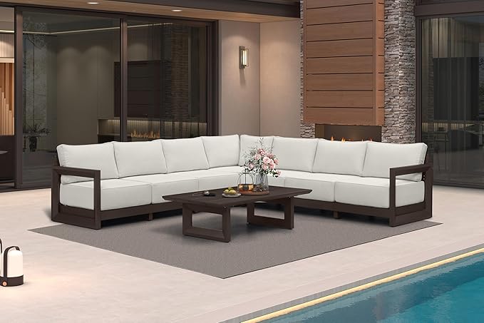 PURPLE LEAF Patio Furniture Set L-Shaped Outdoor Couch with 9.6" Thick Cushion and Soft Pillows 8 Piece Outdoor Sectional Sofas with Table Modern Outdoor Conversation Sets for Yard Porch Deck, Bronze