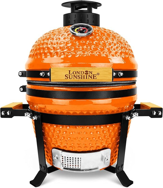 Upgraded 13 inch Ceramic Kamado Grill with Waterproof Air Vent Cap | Portable Tabletop Charcoal BBQ Grill Smoker for Outdoor Cooking, Patio, Camping | Orange
