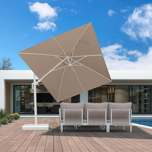 PURPLE LEAF 8' X 11.5' Right-left Tilt Patio Umbrella Swivel White Cantilever Umbrella with Tilt Aluminum Outdoor Umbrella with 360° Rotation for Deck Pool Garden, Beige