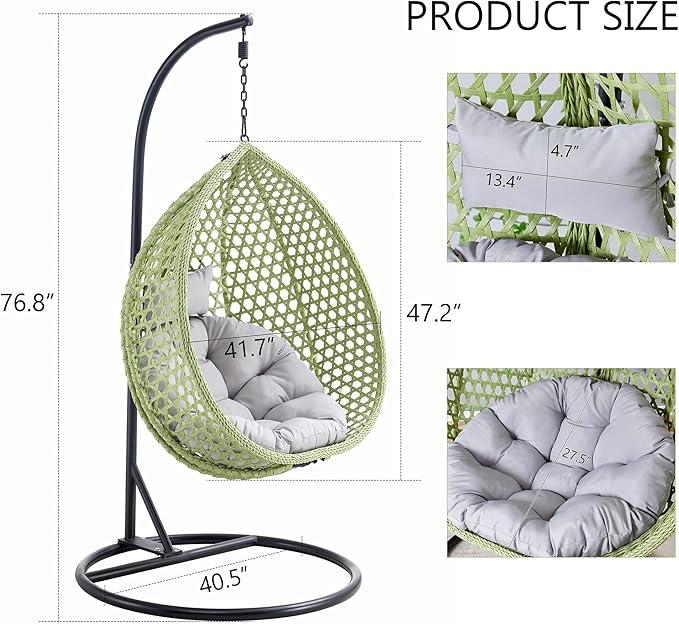 Hanging Egg Chair with Stand, Egg Swing Chair with Stand Indoor Outdoor,Green Wicker Swing Egg Chair for Adults, Hammock Chair with Comfortable Cushion and Stable Round Metal Base for Bedroom Patio