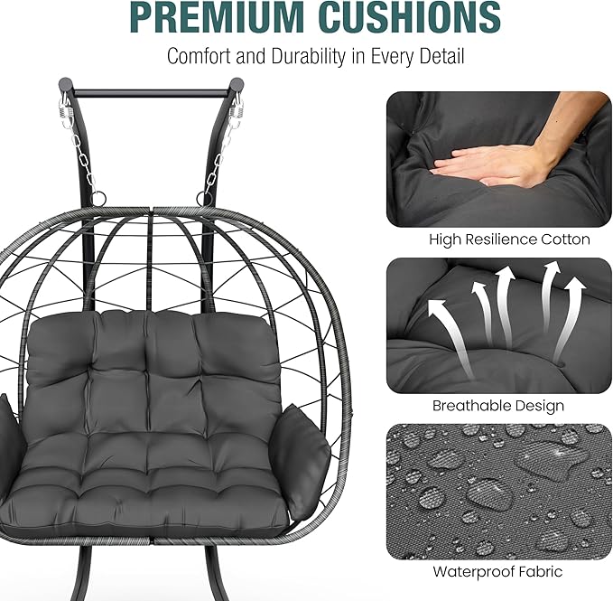 Pamapic Double Egg Chair wth Stand, 700 LBS Loveseat Rattan Swing Chair, UV Resistant Cushions with Armrests and Headrest, Thick Steel Frame Hammock Swing for Outdoor, Patio, Indoor(Grey)