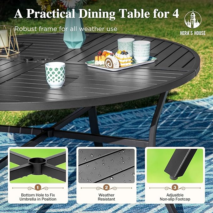 HERA'S HOUSE 5 Pieces Patio Dining Set, Outdoor Dining Set for 4, 4 x Testilene Dining Chair, 1 x 42” Round Metal Dining Table, for Lawn Garden Backyard