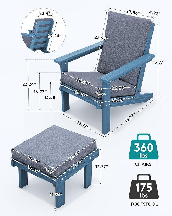 SERWALL Adirondack Chair with Cushion and Ottoman -All Weather HDPE Outdoor Adirondack Chair Set, Durable Adirondack Patio Chairs for Garden, Deck, or Poolside- Blue