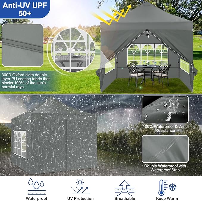 COBIZI 10x10 Heavy Duty Pop up Canopy Tent with 4 Sidewalls, Easy Set-up Commercial Outdoor Party Tent, 100% Waterproof Wedding Canopy Gazebo, 3 Height Adjustable with Wheeled Bag, Gray