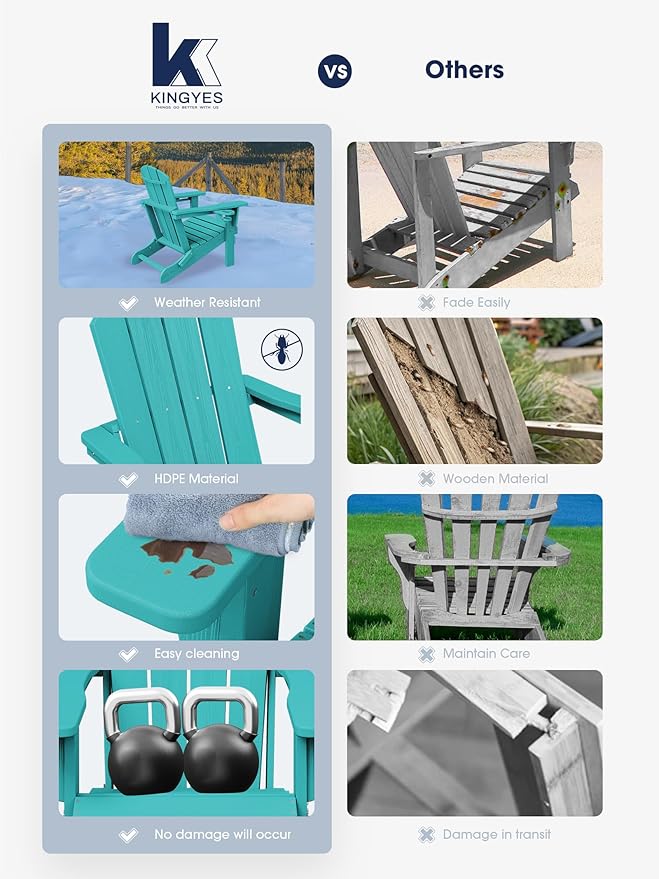 KINGYES Folding Adirondack Chair Set of 8, Dual Cup Holders & All-Weather HDPE, Wood-Like Patio Chair for Backyard, Camping, Pool & Fire Pit, Aruba