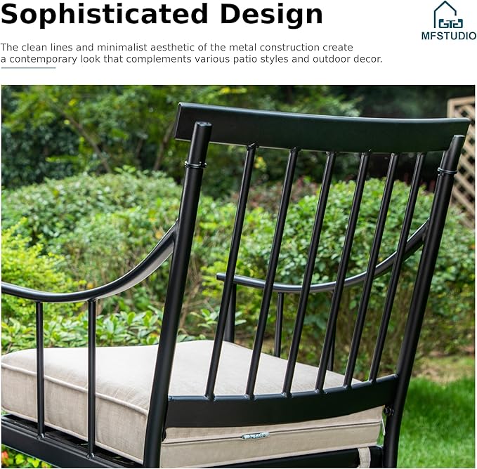 MFSTUDIO 9PCS Metal Patio Dining Set, 1 Square Outdoor Table of 1.57" Umbrella Hole and 8 Armchairs with Removable Cushions for Porch Backyard Balcony Deck