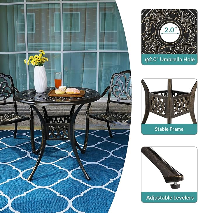 MEETWARM 3 Piece Patio Bistro Set, Outdoor All-Weather Cast Aluminum Dining Furniture Set Includes 2 Chairs and a 31” Round Table with Umbrella Hole for Garden Deck