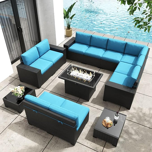 Patio Furniture Set with Fire Pit Table, 13 Pieces Outdoor All-Weather Wicker Conversation Sectional Chair Sofa Set