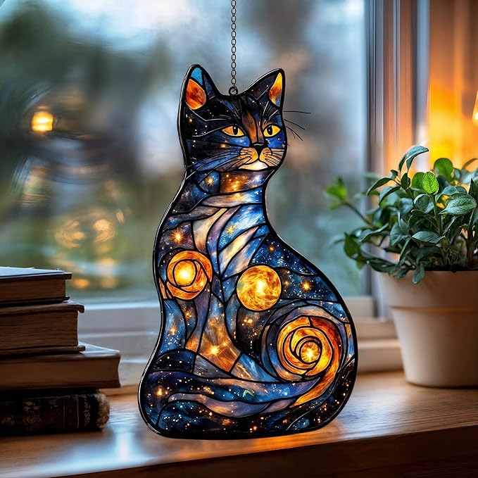 Starry Night Cat Christmas Ornament Animal Suncatcher Celestial Window Hanging Stained Glass Effect Acrylic Art Unique Cat Lover Gift Thanksgiving