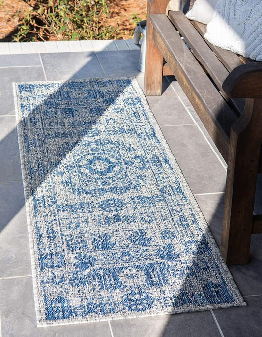 Unique Loom Outdoor Traditional Collection Area Rug - Timeworn (2' x 6' 1" Runner, Blue/ Gray)