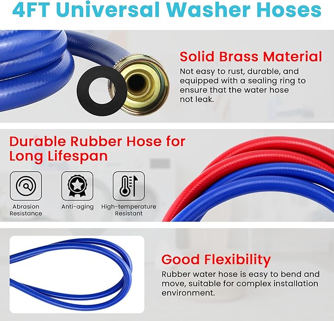 2 PACK Rubber 6FT Washing Machine Hoses Burst Proof Red and Blue Coded Washer Hoses for Hot and Cold Water 3/4" Connection Water Supply Lines by Fetechmate - 10 YEAR WARRANTY