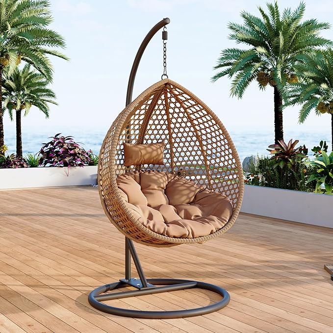 Egg Swing Chair Outdoor with Stand, Hanging Egg Rattan Basket Chair with Cushion and Pillow, Lounge Chairs, Foldable Basket and Metal Stand for Porch, Patio, Bedroom, Balcony,Yard (Khaki)