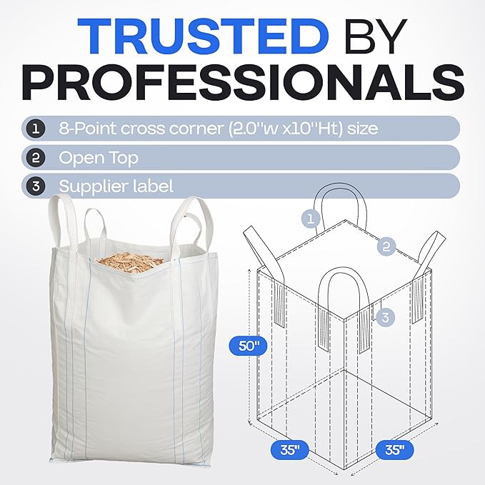 Bulk Construction Bags 35"Lx35"Wx50"H, 10-Pack - USA-Made Open Top, Flat Bottom Bulk Bags 2200 lbs Load Capacity - Heavy-Duty Super Sack for Handling Sand, Gravel & Demolition Debris by IDL Packaging