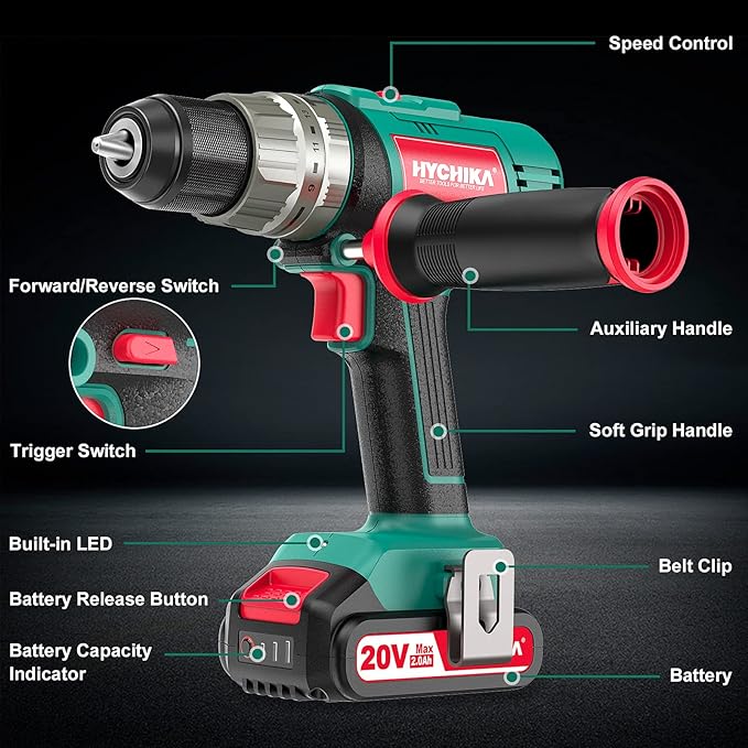 HYCHIKA Cordless Hammer Drill Driver 20V, 400 In-lbs Torque Impact Power Drill with Side Handle,1/2”Metal Chuck 21+3 Clutch, 2.0Ah Battery, LED Light for Drilling Wood Metal Wall