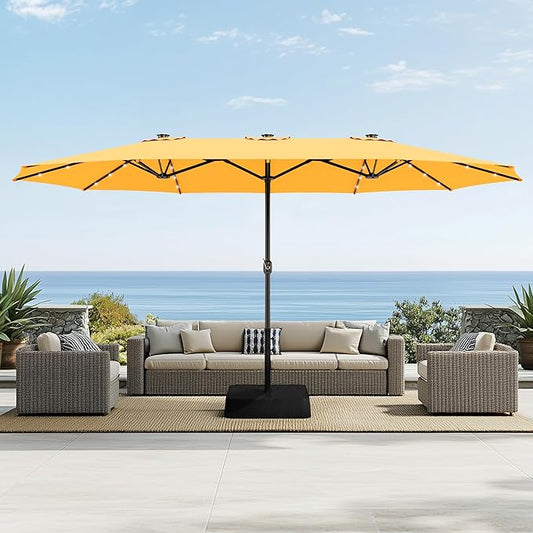 Sophia & William 15 ft Extra Large Patio Umbrella with Solar Lights, Rectangular Outdoor Umbrella with Base Included, Market Umbrella Double-sided Heavy Duty for Pool Garden Backyard, Golden yellow