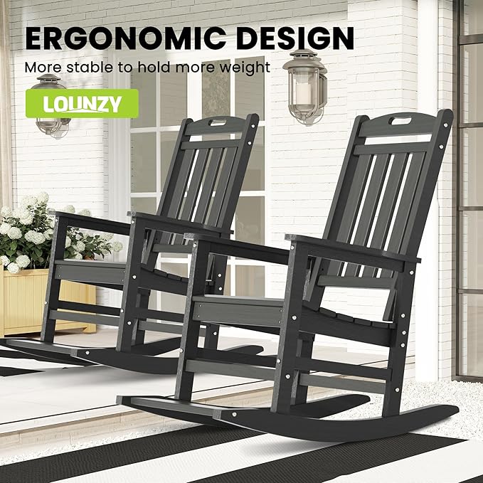 LOUNZY Outdoor Rocking Chair with Footboards Set of 2, HDPE Rocking Chair Patio Porch Rocker with 380lbs Support for Adult, Grey