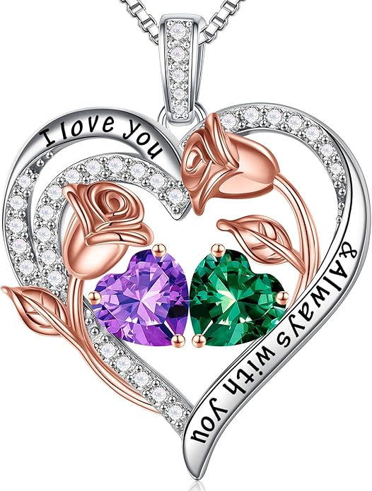 Iefil Christmas Gifts for Women Wife - 925 Sterling Silver Rose Heart Birthstone Necklace Birthday Anniversary Jewelry Gifts for Her Wife Mom Daughter
