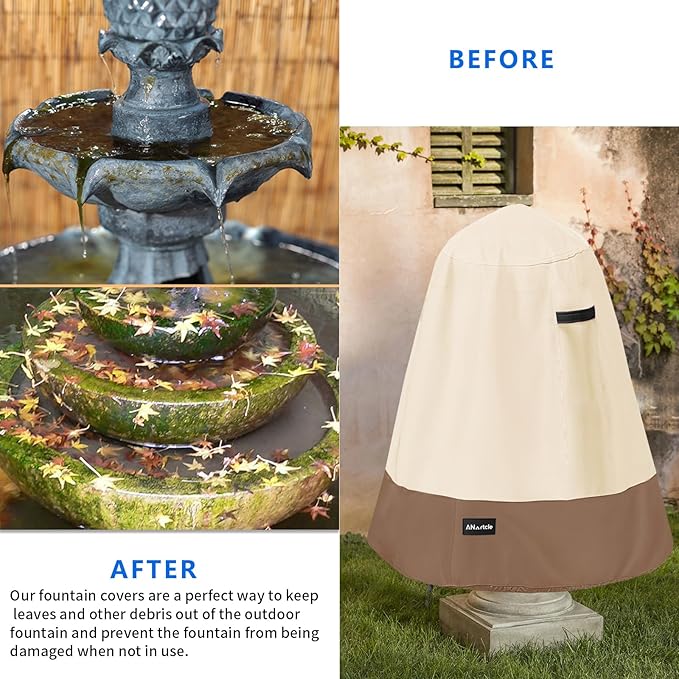 Outdoor Fountain Cover D 32"x H 38",600D Waterproof Heavy Duty Outdoor Fountain Covers,Garden Fountain Statue Protective Cover,Beige&brown