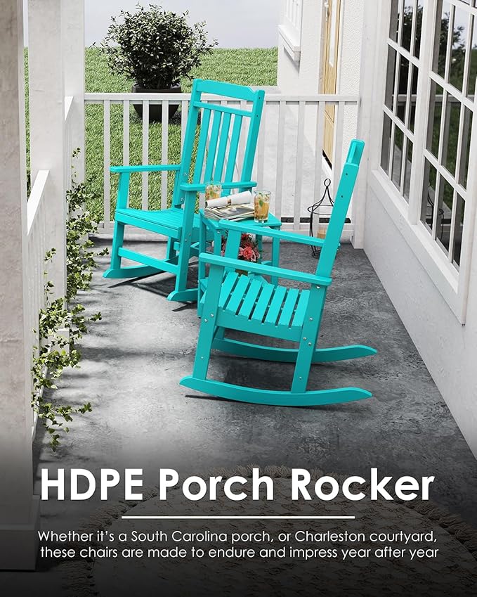 GREENVINES Outdoor-Rocking-Chairs-Set-of-4 | HDPE Plastic | Patio Rockers | Porch Rocker Chair | Oversized | High Back | Big & Tall | Aqua