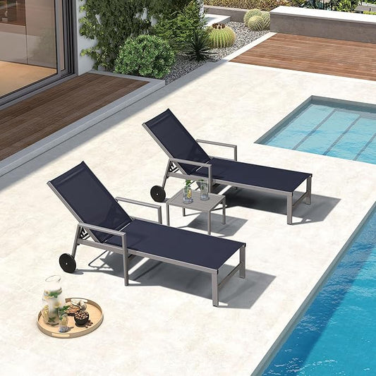 PURPLE LEAF Outdoor Chaise Lounge Set for 2 Aluminum Patio Chaise Lounger Chairs with Armrest and Wheels Adjustable Pool Chaise Lounge Chair for Beach Yard Poolside Table Included, Navy Blue
