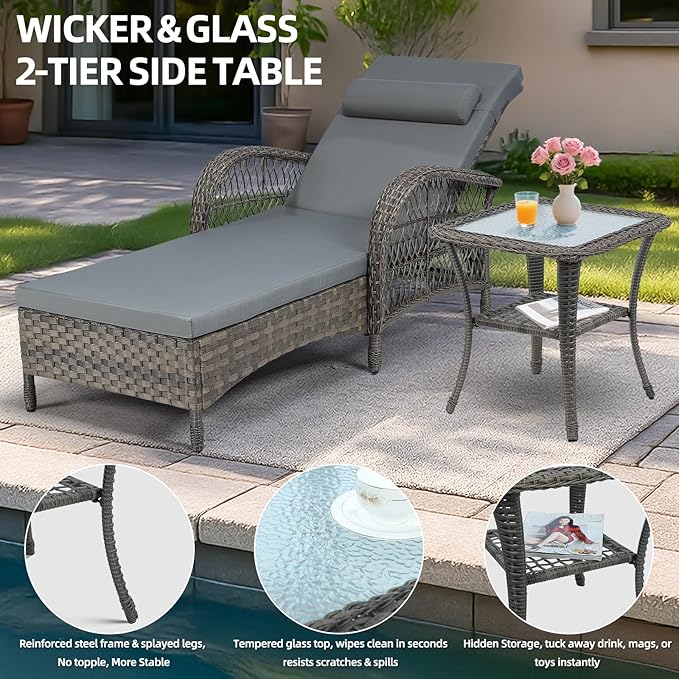 MEETWARM Outdoor Wicker Chaise Lounge Chair with Side Table, All Weather PE Rattan Patio Lounge Chair with Cushion, 6-Positions Adjustable Pool Reclining Sunbathing Chair, Armrest & Head Pillow, Gray