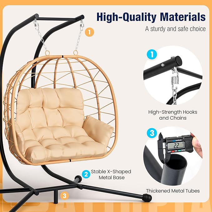 Pamapic 700 LBS Double Egg Chair Outdoor, UV Resistant Cushions Hanging Egg Chair with Armrests & Headrest, Thick Steel Frame Egg Swing Chair with Stand, for Relaxing & Reading Outside/Inside(Beige)