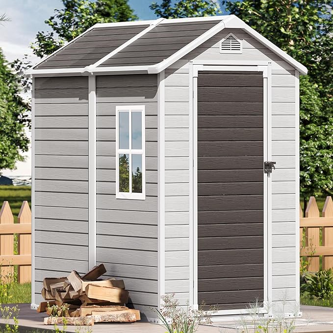 6X4 FT Resin Outdoor Storage Shed with Floor,Water Drainge Roof Plastic Sheds with Windows and Lockable Doors,Thickened Panel All-Weather Resistant Tool Storage Shed for Garden Backyard Patio, Grey