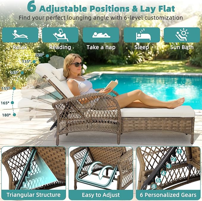 MEETWARM Outdoor Wicker Chaise Lounge Chair with Cushion, 77" Long All Weather PE Rattan Patio Lounge Chair, 6-Positions Adjustable Pool Reclining Sunbathing Chair, Armrest & Head Pillows, Beige
