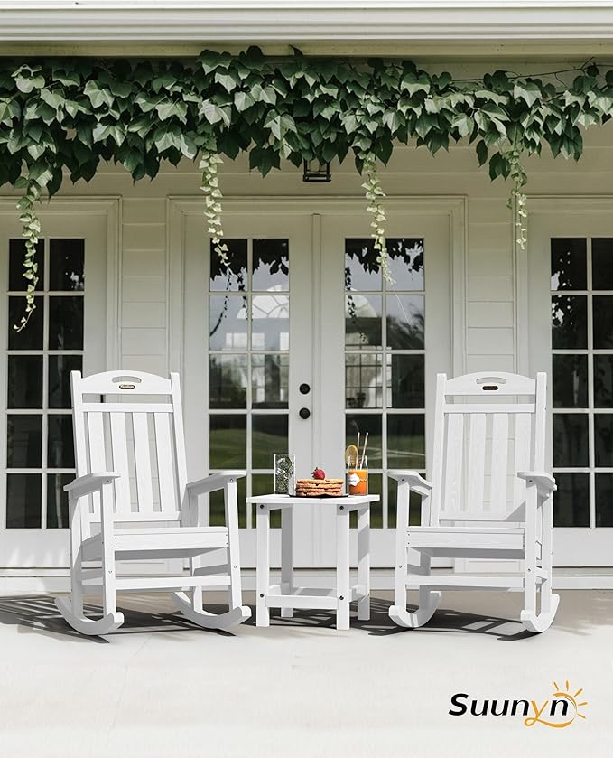 Oversized Outdoor Rocking Chair Set of 4, High Back Porch Rocker Chair, HDPE All Weather Resistant Rocking Chairs for Patio, 382lbs Weight Capacity, White