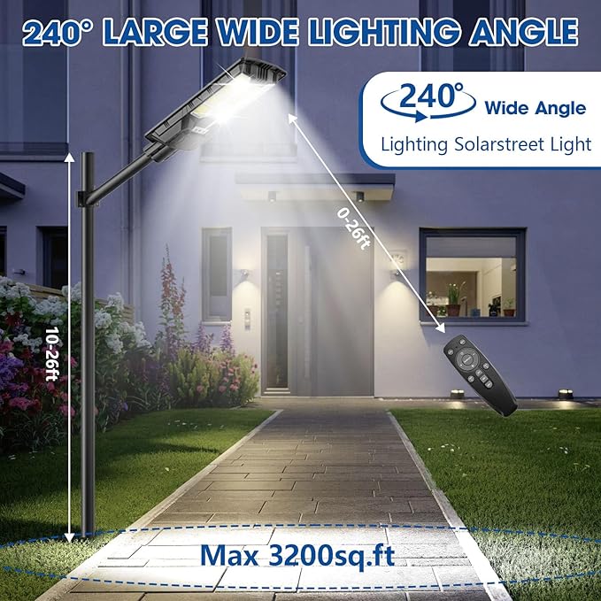 10000W Solar Street Light - 6500K Dusk to Dawn, IP65 Waterproof, Wide-Angle Motion Sensor + Remote Control for Courtyards/Parking Lots
