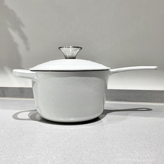 Commercial Grade, Cast Iron Enameled Cookware (White, Sauce Pan 1.75qt)