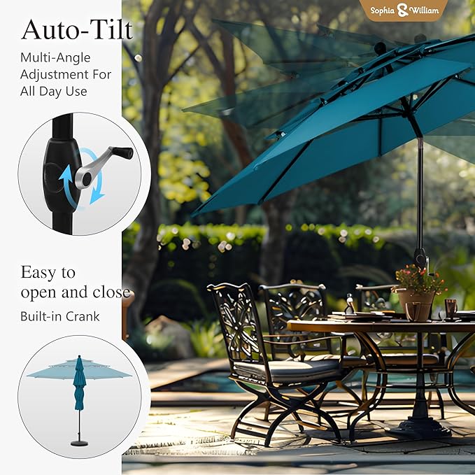 Sophia & William 10ft 3 Tier Auto-tilt Patio Umbrella, Outdoor Double Vented Umbrella with Crank, Cyan-blue