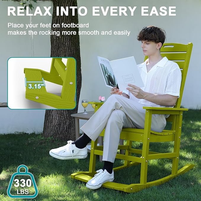 Outdoor Rocking Chair Set of 2 with Removable Footboard for Adults, HDPE High Back Patio Rocking Chairs, 330lbs All Weather Porch Rocking Chairs for Outdoor & Indoor -Pistachio Green